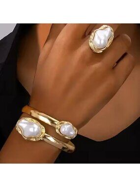 New! 18k color Gold and Pearl Cuff Bracelet adjustable